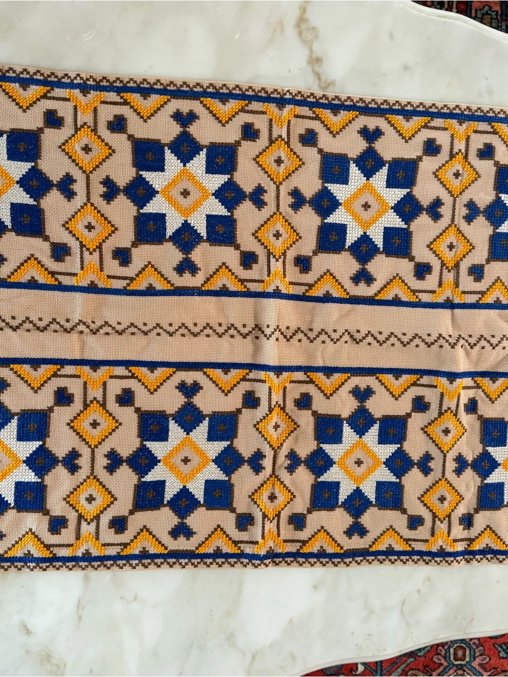 Geometric Patterned Table Runner in Beige, Blue & Yellow